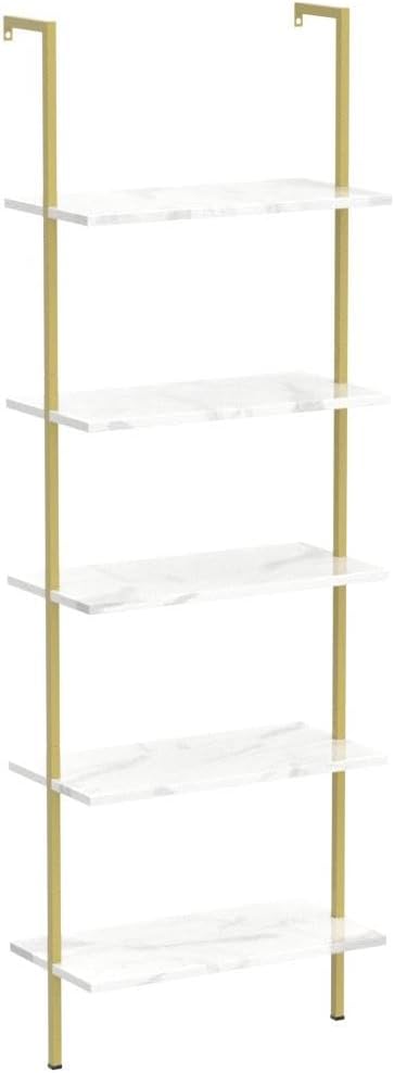 aboxoo Ladder Shelf 2PCS White Marble Bookshelf 5-Tier Wall-Mounted Wood Rack Open Industrial Modern Plant Flower Stand Utility Organizer Bookcase Metal Frame Furniture Office Kitchen Bedroom