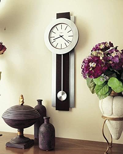 Howard Miller Bergen Wall Clock, Sturdy Frame Modern Vertical Decor Nickel-Finished Pendulum, Battery Operated Key Wound Stylish Analog Dial Quartz Movement Best Alarm Clock for Home & Office