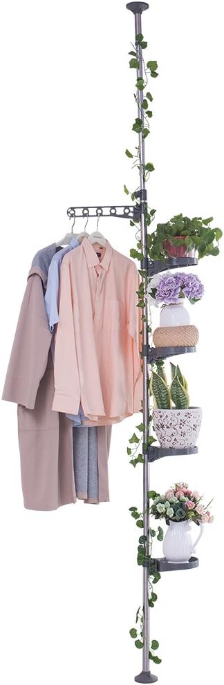 BAOYOUNI 7-Layer Indoor Plant Stands Spring Tension Pole Metal Flower Display Rack Space Saver Corner Floral Pot Hanger Shelf, Ivory
