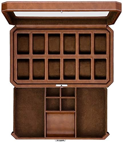ROTHWELL Luxury Watch Box for 12 Watches – PU Leather Watch Box with Real Glass Lid – Slide out Accessory Drawer with Multiple Compartments (Carbon)