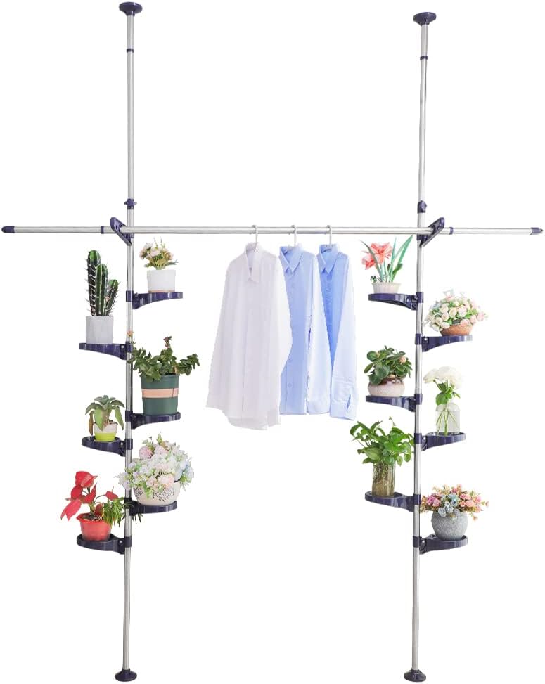 BAOYOUNI 7-Layer Indoor Plant Stands Spring Tension Pole Metal Flower Display Rack Space Saver Corner Floral Pot Hanger Shelf, Ivory