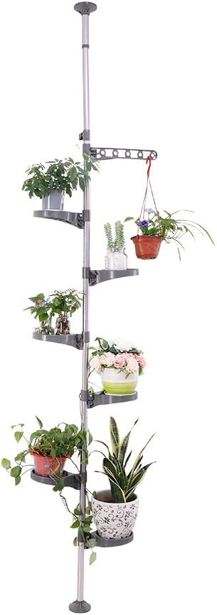 BAOYOUNI 7-Layer Indoor Plant Stands Spring Tension Pole Metal Flower Display Rack Space Saver Corner Floral Pot Hanger Shelf, Ivory