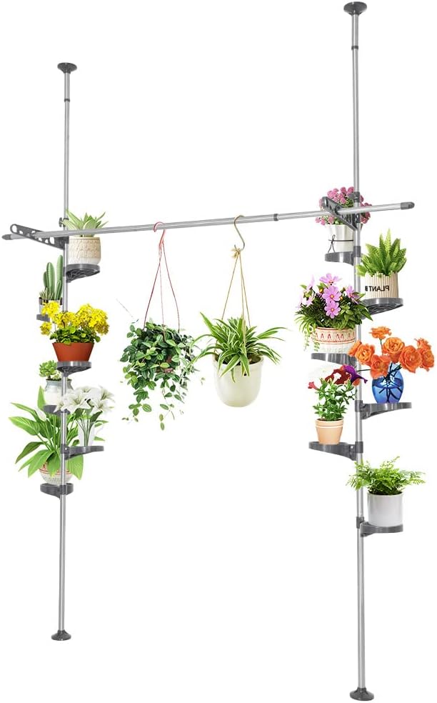 BAOYOUNI 7-Layer Indoor Plant Stands Spring Tension Pole Metal Flower Display Rack Space Saver Corner Floral Pot Hanger Shelf, Ivory