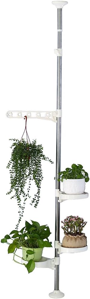 BAOYOUNI 7-Layer Indoor Plant Stands Spring Tension Pole Metal Flower Display Rack Space Saver Corner Floral Pot Hanger Shelf, Ivory