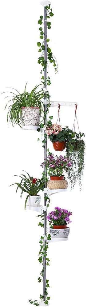 BAOYOUNI 7-Layer Indoor Plant Stands Spring Tension Pole Metal Flower Display Rack Space Saver Corner Floral Pot Hanger Shelf, Ivory