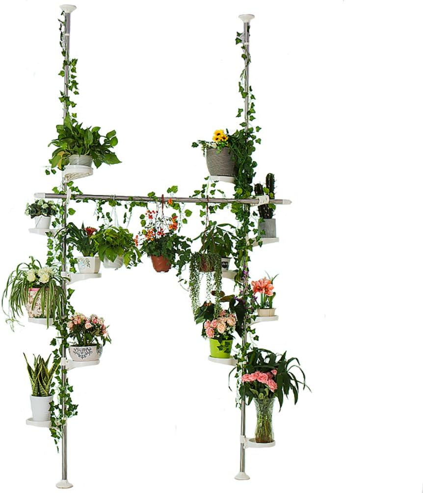 BAOYOUNI 7-Layer Indoor Plant Stands Spring Tension Pole Metal Flower Display Rack Space Saver Corner Floral Pot Hanger Shelf, Ivory