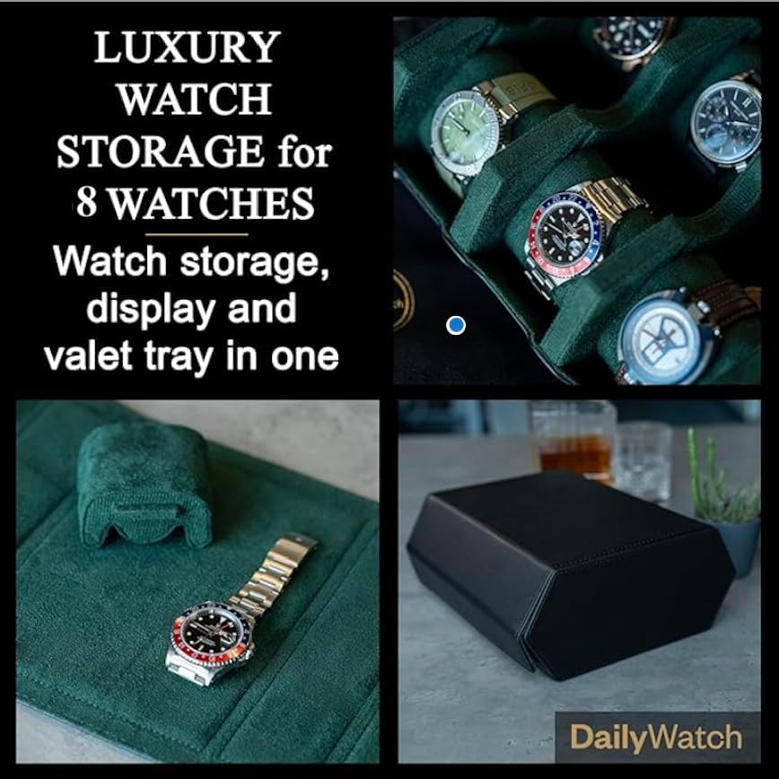 DailyWatch | Watch Box For 8 Watches | Genuine Black Leather Watch Roll Case With Soft Velvet Interior | Travel Watch Case - Protect & Display Your Watches | Watch Storage Travel Case in Black Green