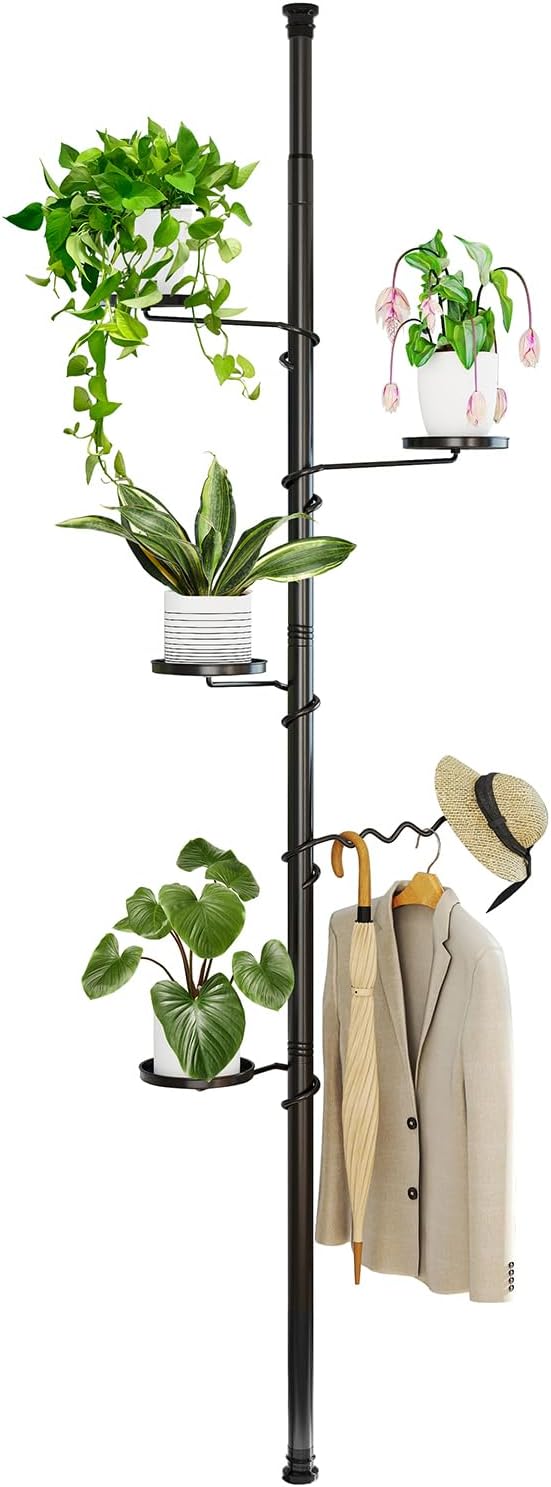 BAOYOUNI 7-Layer Indoor Plant Stands Spring Tension Pole Metal Flower Display Rack Space Saver Corner Floral Pot Hanger Shelf, Ivory