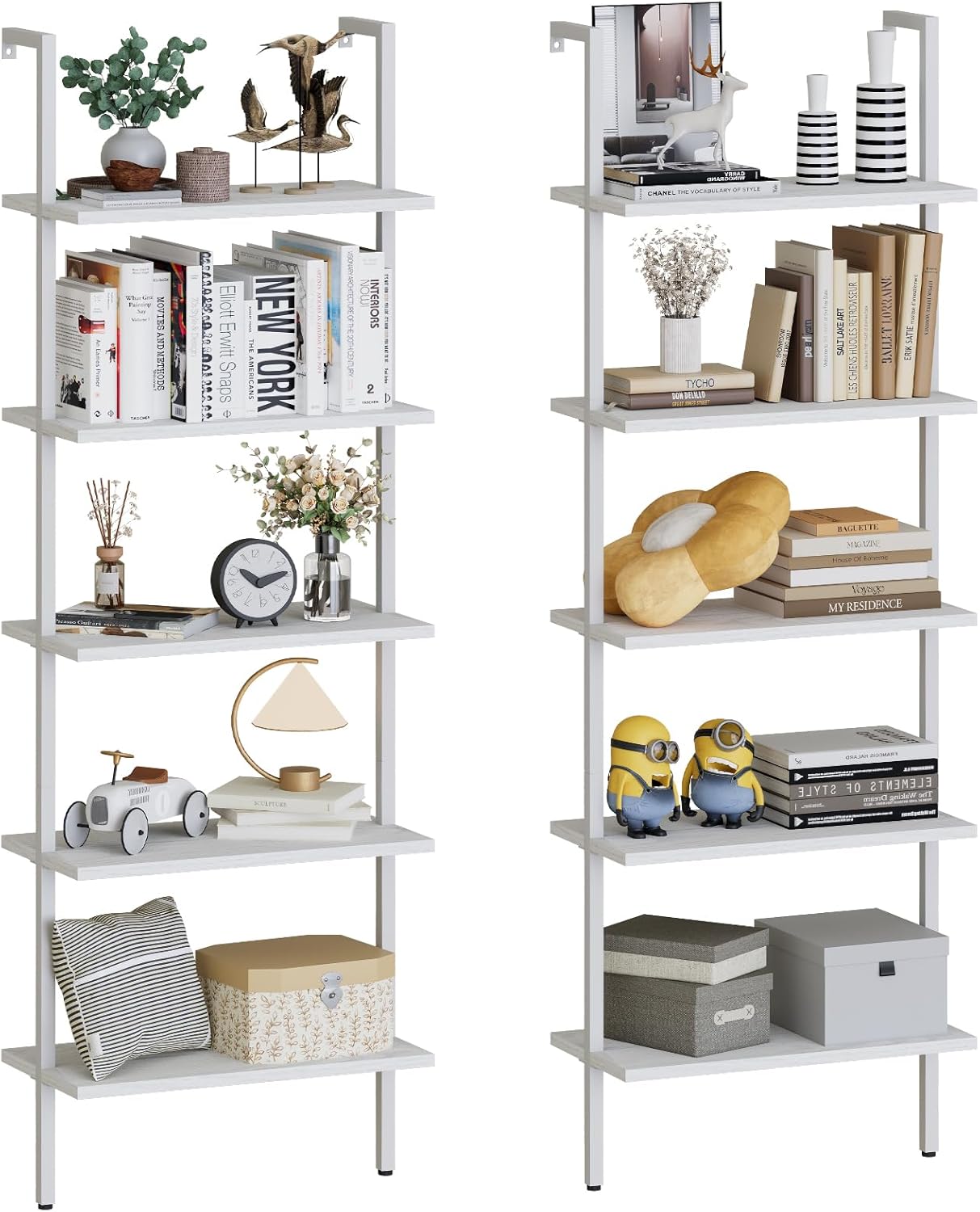 aboxoo Ladder Shelf 2PCS White Marble Bookshelf 5-Tier Wall-Mounted Wood Rack Open Industrial Modern Plant Flower Stand Utility Organizer Bookcase Metal Frame Furniture Office Kitchen Bedroom