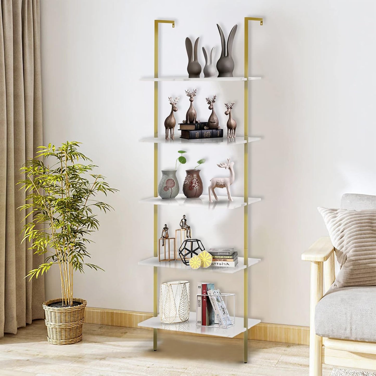 aboxoo Ladder Shelf 2PCS White Marble Bookshelf 5-Tier Wall-Mounted Wood Rack Open Industrial Modern Plant Flower Stand Utility Organizer Bookcase Metal Frame Furniture Office Kitchen Bedroom