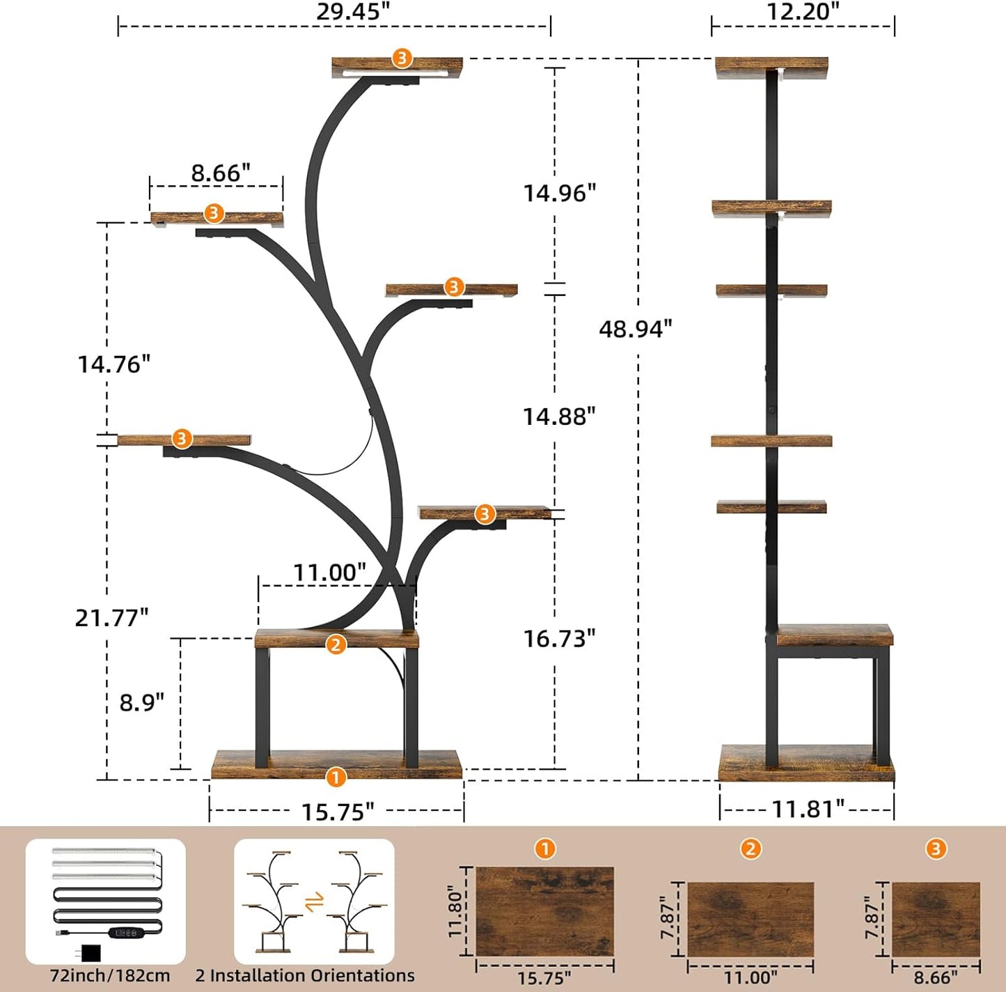 Plant Stand Indoor with Grow Lights, 7 Tiered Indoor Plant Shelf, 49" Corner Plant Stands for Indoor Plants, Metal Plant Flower Display Shelf, Tree-Shaped Plant Rack for Home, Patio, Black