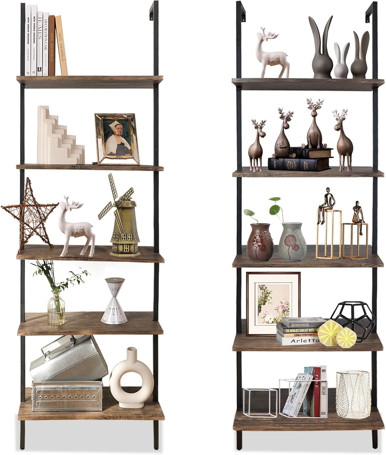 aboxoo Ladder Shelf 2PCS White Marble Bookshelf 5-Tier Wall-Mounted Wood Rack Open Industrial Modern Plant Flower Stand Utility Organizer Bookcase Metal Frame Furniture Office Kitchen Bedroom