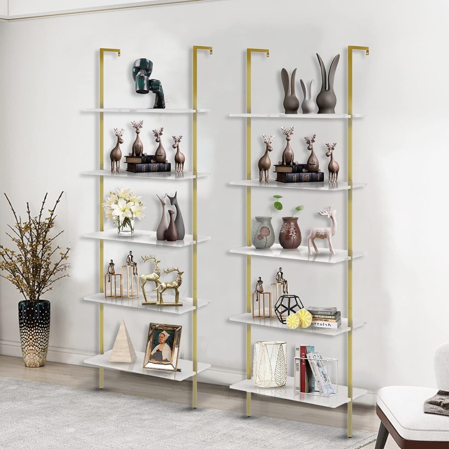 aboxoo Ladder Shelf 2PCS White Marble Bookshelf 5-Tier Wall-Mounted Wood Rack Open Industrial Modern Plant Flower Stand Utility Organizer Bookcase Metal Frame Furniture Office Kitchen Bedroom