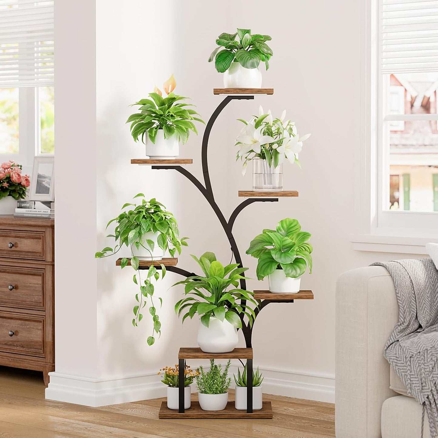 Plant Stand Indoor with Grow Lights, 7 Tiered Indoor Plant Shelf, 49" Corner Plant Stands for Indoor Plants, Metal Plant Flower Display Shelf, Tree-Shaped Plant Rack for Home, Patio, Black