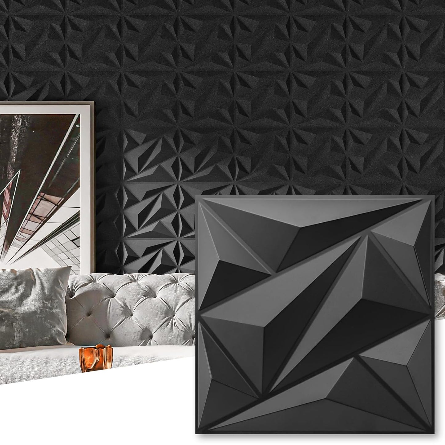 Art3dwallpanels 33 Pack 3D Wall Panel Diamond for Interior Wall Décor, PVC Flower Textured Wall Panels for Living Room Lobby Bedroom Hotel Office, Black, 12''x12'' Cover 32.Sq.Ft.