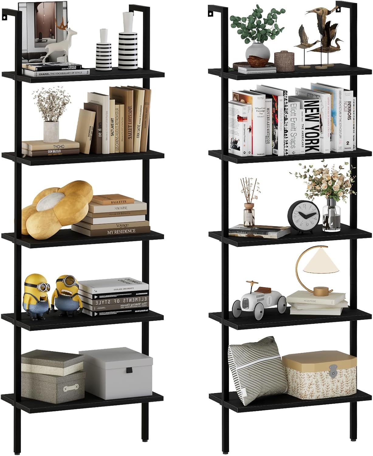 aboxoo Ladder Shelf 2PCS White Marble Bookshelf 5-Tier Wall-Mounted Wood Rack Open Industrial Modern Plant Flower Stand Utility Organizer Bookcase Metal Frame Furniture Office Kitchen Bedroom