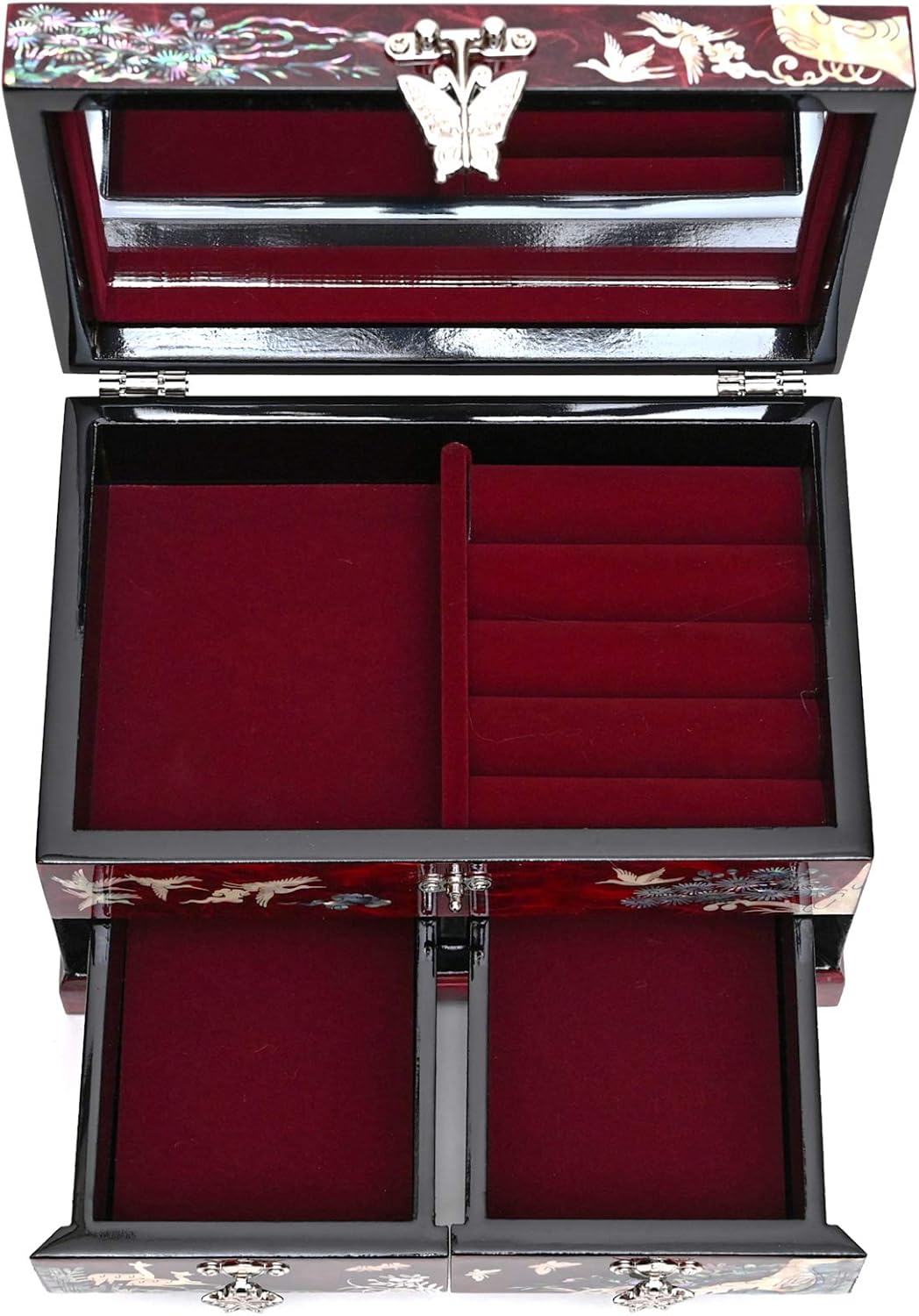 MADDesign Mother of Pearl Lacquered Jewelry Box Two Level Cranes (Red)