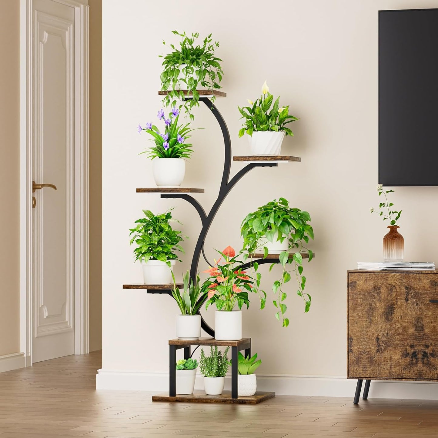 Plant Stand Indoor with Grow Lights, 7 Tiered Indoor Plant Shelf, 49" Corner Plant Stands for Indoor Plants, Metal Plant Flower Display Shelf, Tree-Shaped Plant Rack for Home, Patio, Black