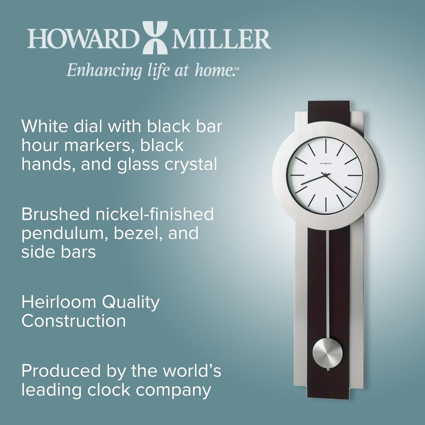 Howard Miller Bergen Wall Clock, Sturdy Frame Modern Vertical Decor Nickel-Finished Pendulum, Battery Operated Key Wound Stylish Analog Dial Quartz Movement Best Alarm Clock for Home & Office