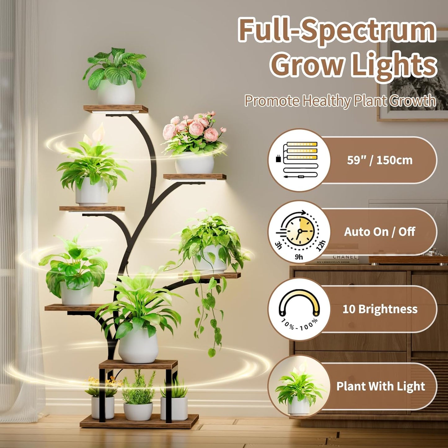 Plant Stand Indoor with Grow Lights, 7 Tiered Indoor Plant Shelf, 49" Corner Plant Stands for Indoor Plants, Metal Plant Flower Display Shelf, Tree-Shaped Plant Rack for Home, Patio, Black