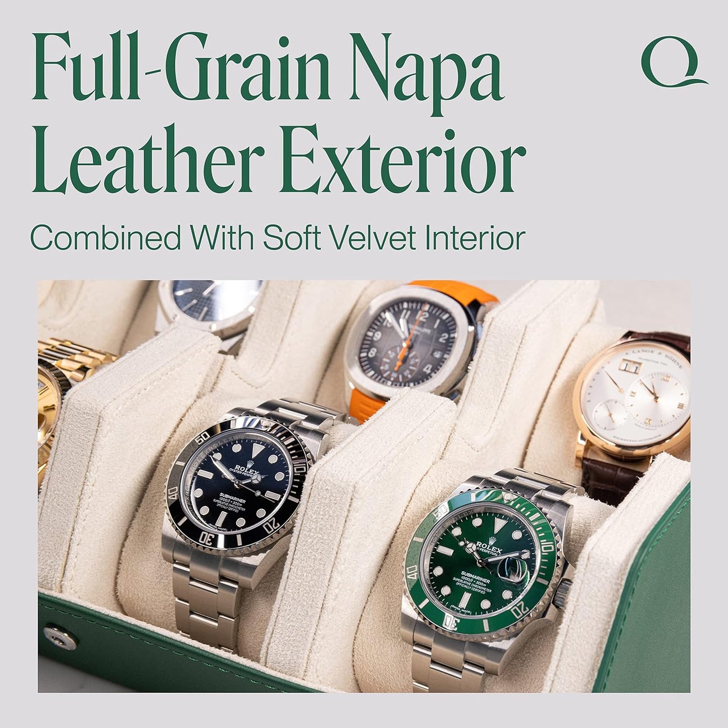 QWATCHBANDS Napa Leather Watch Case for Men - Watch Roll Storage Organizer & Watch Display - Six Slot Luxury Watch Box for Home or Travel - Mens 6 Watch Holder Case (Green Cream)