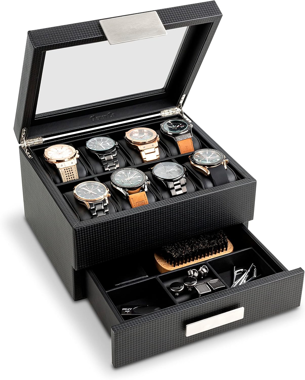 Glenor Co Watch Box with Valet Drawer for Men - 12 Slot Luxury Case Display Watch Organizer, Metal Buckle for Mens Jewelry Watches, Men's Storage Boxes Holder has Large Glass Top - PU Leather Brown