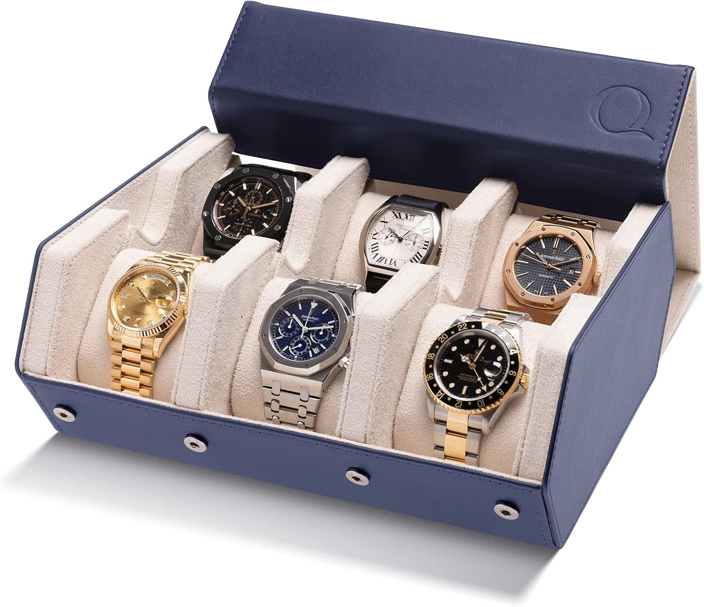 QWATCHBANDS Napa Leather Watch Case for Men - Watch Roll Storage Organizer & Watch Display - Six Slot Luxury Watch Box for Home or Travel - Mens 6 Watch Holder Case (Blue Orange)