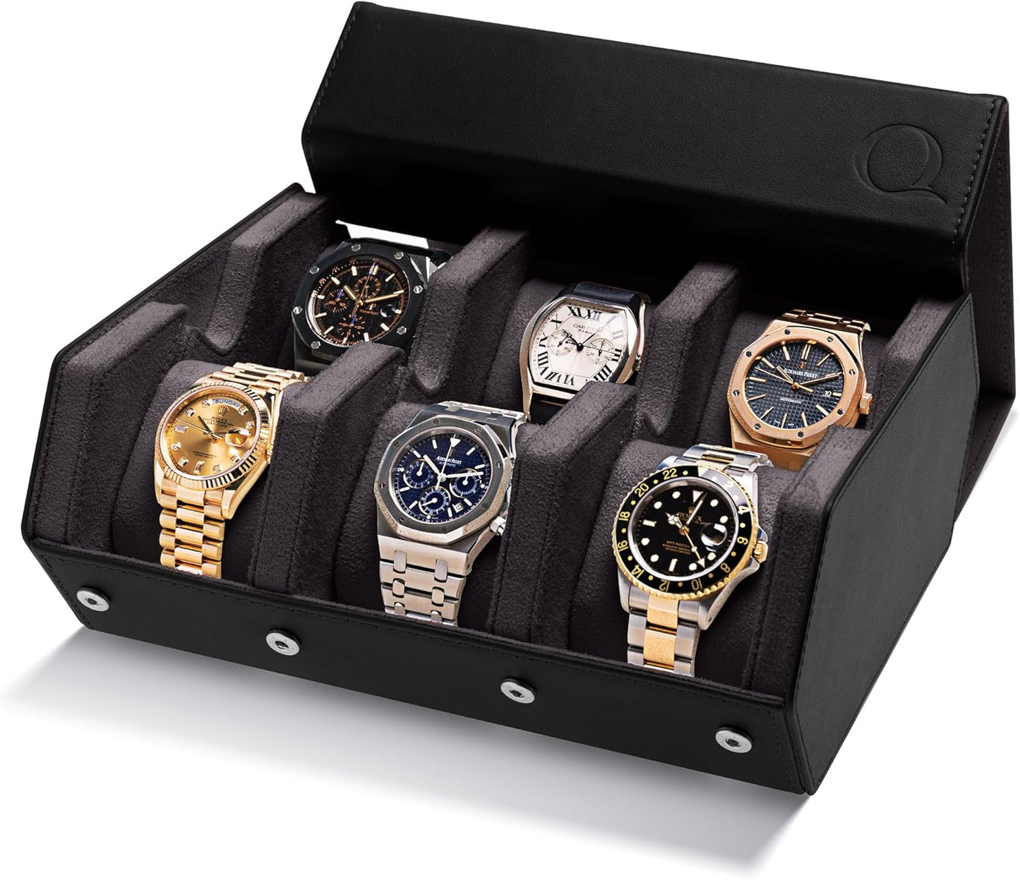 QWATCHBANDS Napa Leather Watch Case for Men - Watch Roll Storage Organizer & Watch Display - Six Slot Luxury Watch Box for Home or Travel - Mens 6 Watch Holder Case (Blue Orange)