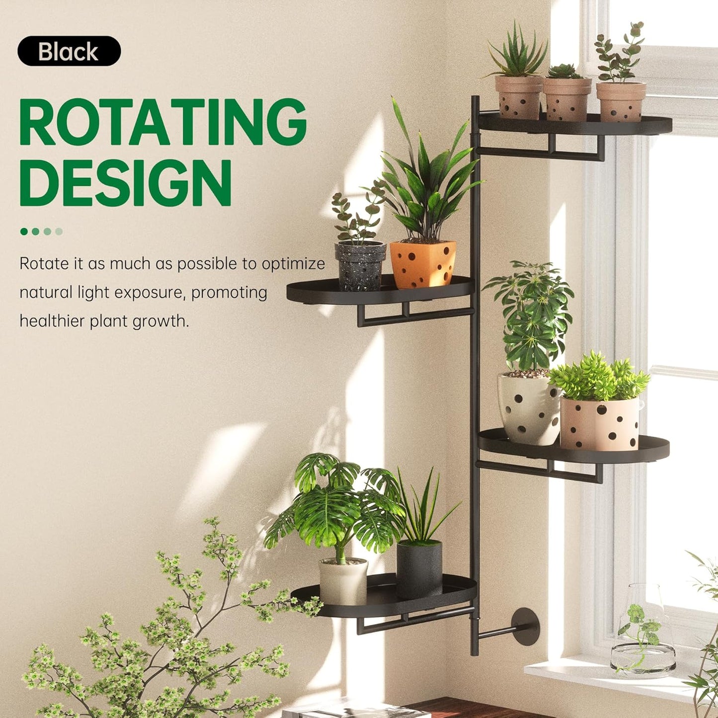 Rotating Window Shelves for Multiple Plants Indoor,4-tier Metal Corner Black Plant Stand Holder Floating Hanger Shelf for Wall,Windows Sill Gifts for Planter Lover to Enhance Home Decor