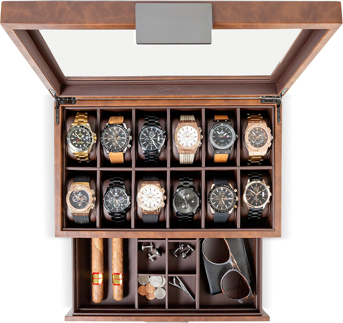 Glenor Co Watch Box with Valet Drawer for Men - 12 Slot Luxury Case Display Watch Organizer, Metal Buckle for Mens Jewelry Watches, Men's Storage Boxes Holder has Large Glass Top - PU Leather Brown