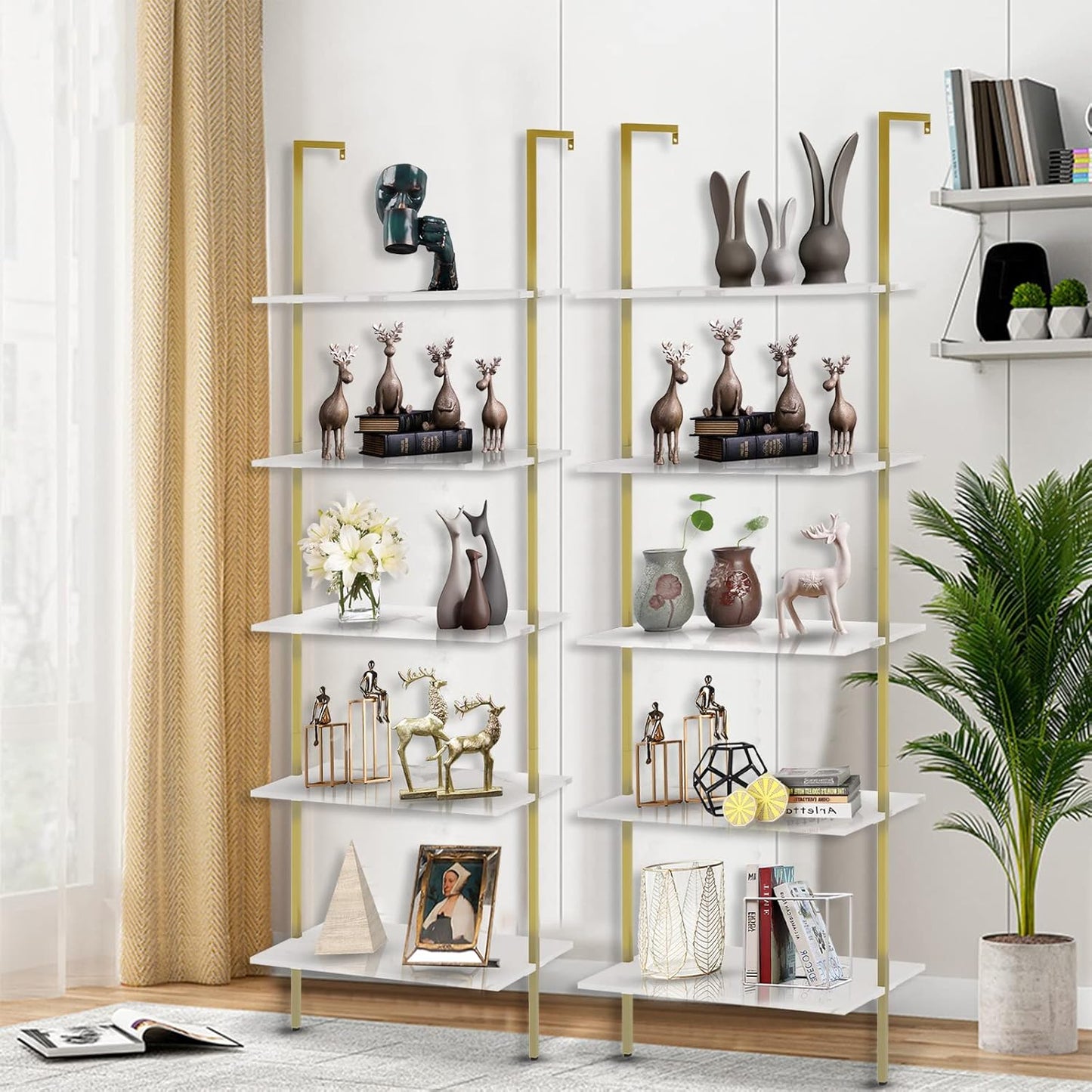 aboxoo Ladder Shelf 2PCS White Marble Bookshelf 5-Tier Wall-Mounted Wood Rack Open Industrial Modern Plant Flower Stand Utility Organizer Bookcase Metal Frame Furniture Office Kitchen Bedroom