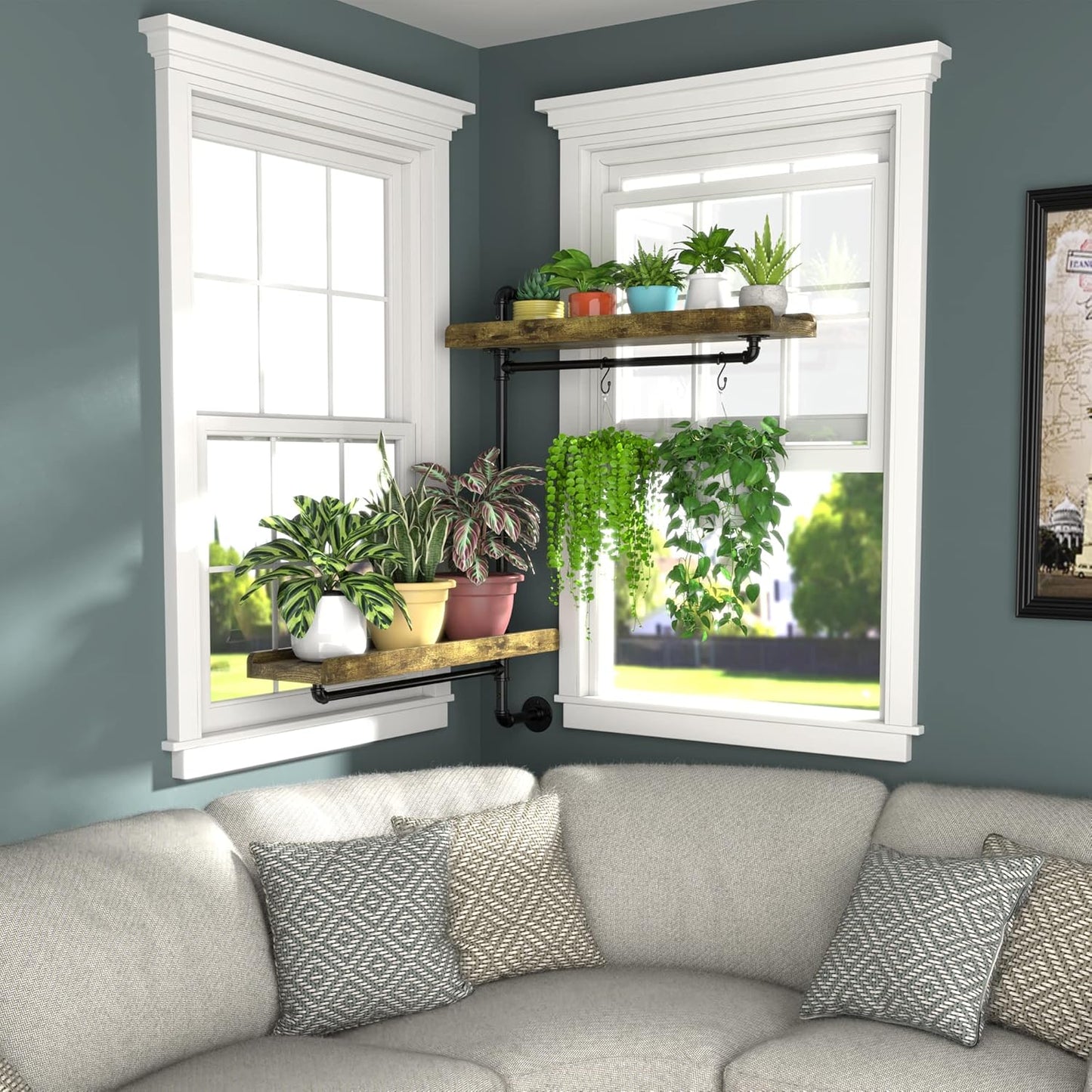 GDLF Window Plant Shelves Industrial Pipe Swivel Shelving Floating Shelves With More Space For Large Plants(Pots up to 8''), Black, Brown