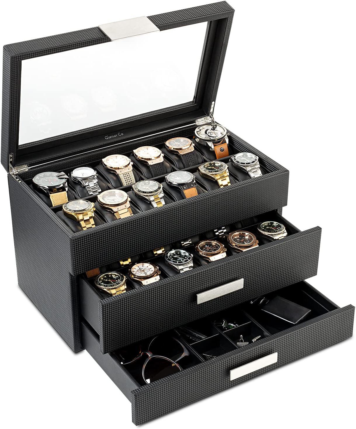 Glenor Co Watch Box with Valet Drawer for Men - 12 Slot Luxury Case Display Watch Organizer, Metal Buckle for Mens Jewelry Watches, Men's Storage Boxes Holder has Large Glass Top - PU Leather Brown
