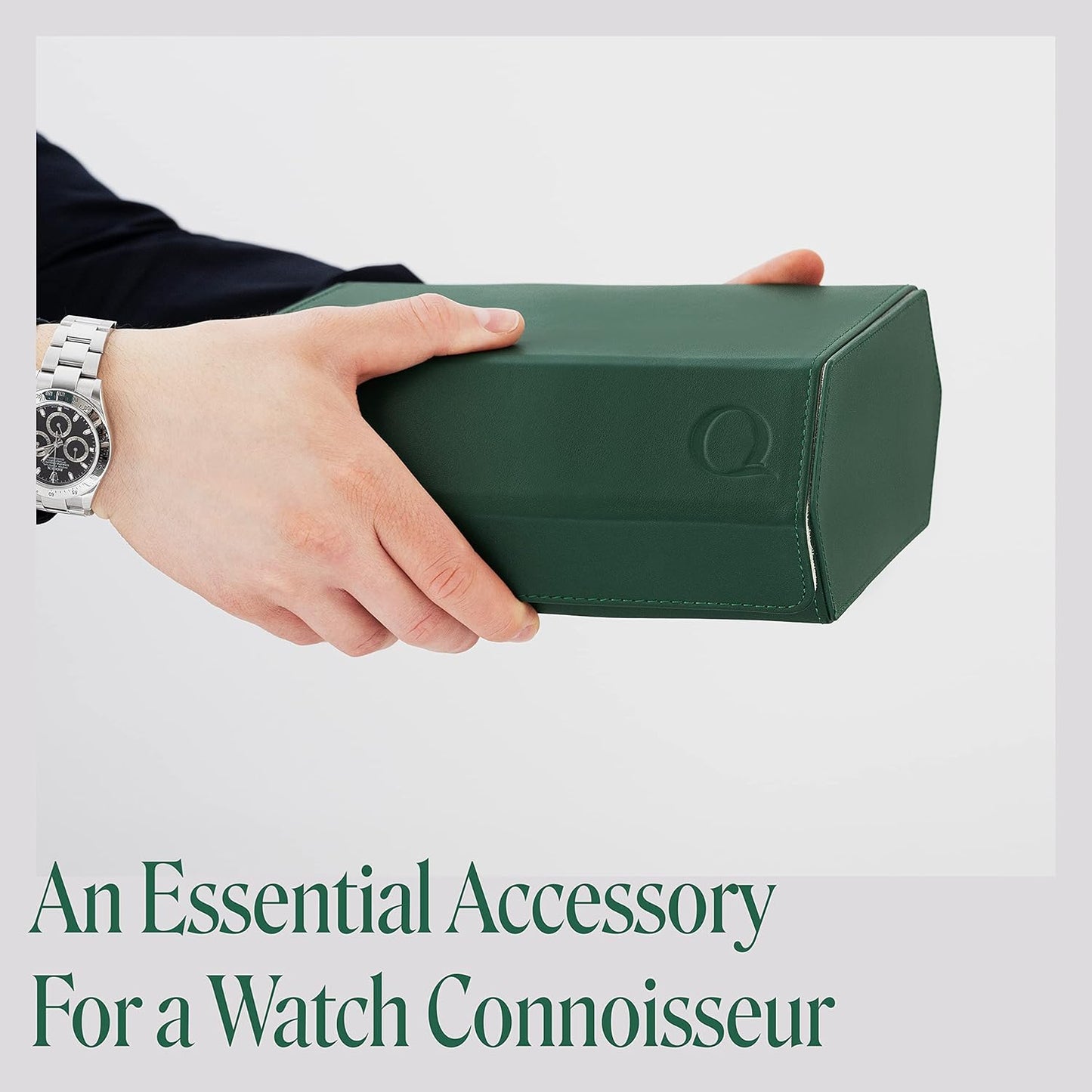 QWATCHBANDS Napa Leather Watch Case for Men - Watch Roll Storage Organizer & Watch Display - Six Slot Luxury Watch Box for Home or Travel - Mens 6 Watch Holder Case (Green Cream)