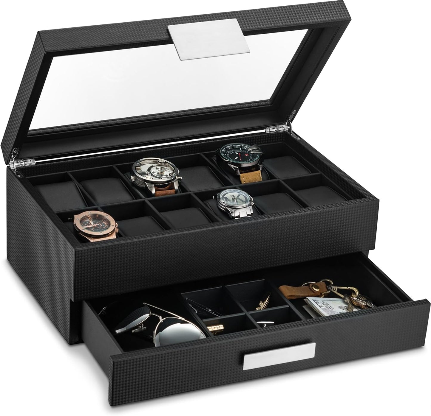 Glenor Co Watch Box with Valet Drawer for Men - 12 Slot Luxury Case Display Watch Organizer, Metal Buckle for Mens Jewelry Watches, Men's Storage Boxes Holder has Large Glass Top - PU Leather Brown