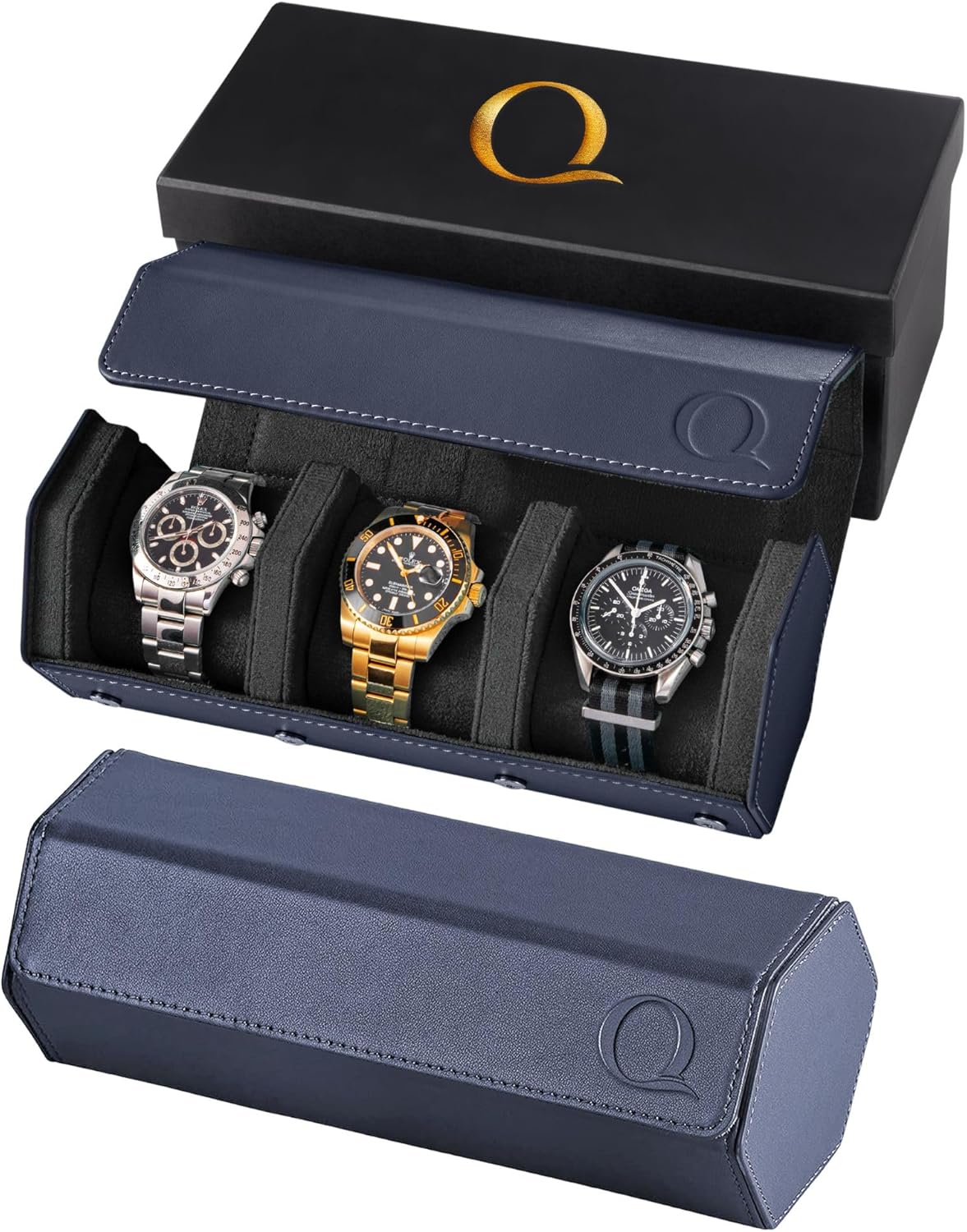 QWATCHBANDS Napa Leather Watch Case for Men - Watch Roll Storage Organizer & Watch Display - Six Slot Luxury Watch Box for Home or Travel - Mens 6 Watch Holder Case (Blue Orange)