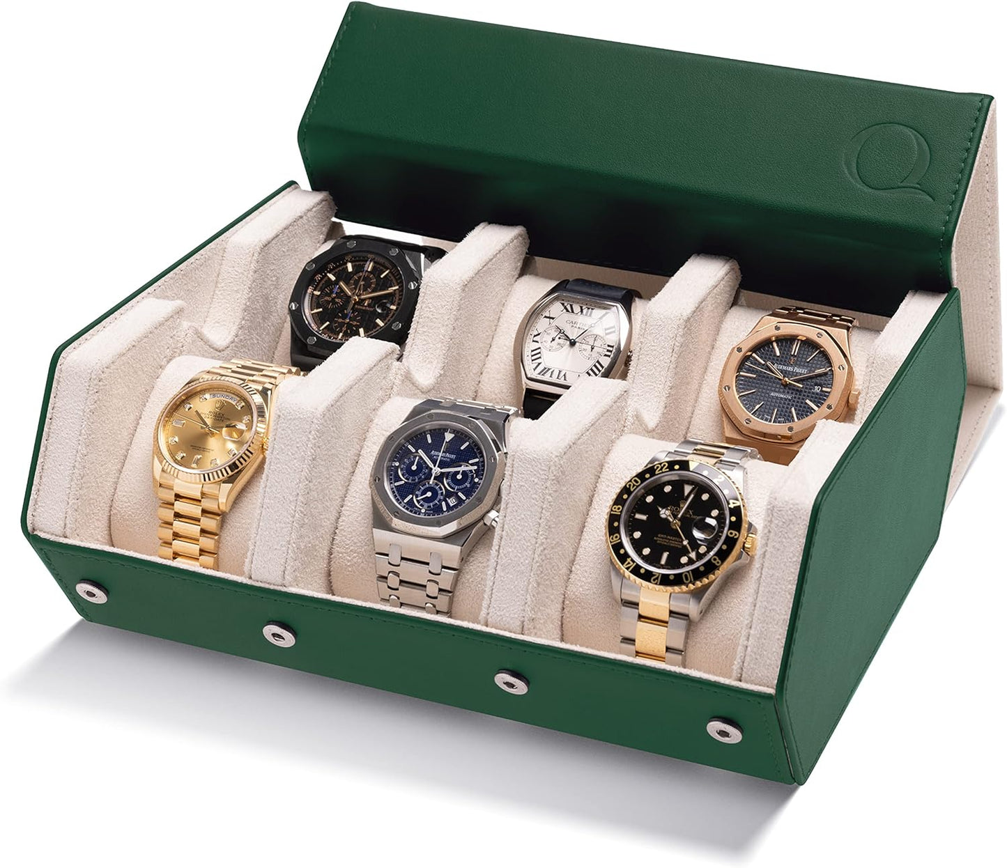 QWATCHBANDS Napa Leather Watch Case for Men - Watch Roll Storage Organizer & Watch Display - Six Slot Luxury Watch Box for Home or Travel - Mens 6 Watch Holder Case (Blue Orange)
