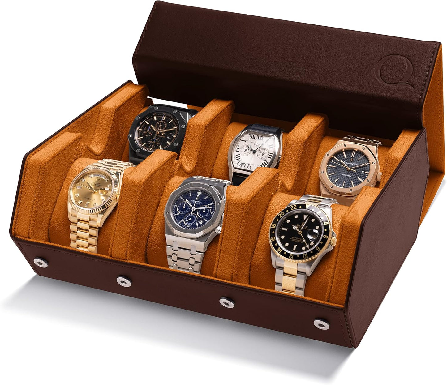 QWATCHBANDS Napa Leather Watch Case for Men - Watch Roll Storage Organizer & Watch Display - Six Slot Luxury Watch Box for Home or Travel - Mens 6 Watch Holder Case (Blue Orange)