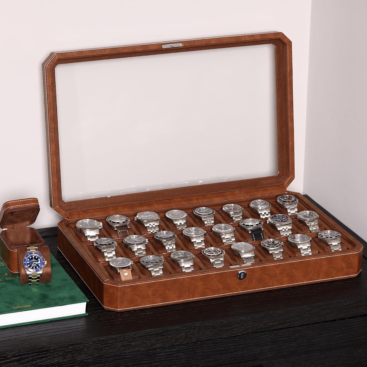 ROTHWELL 24 Slot Watch Case with Lock – Luxury Watch Box to Display and Organize Your Collection | Real Glass Top | Premium Storage for Collectors (Tan/Brown)