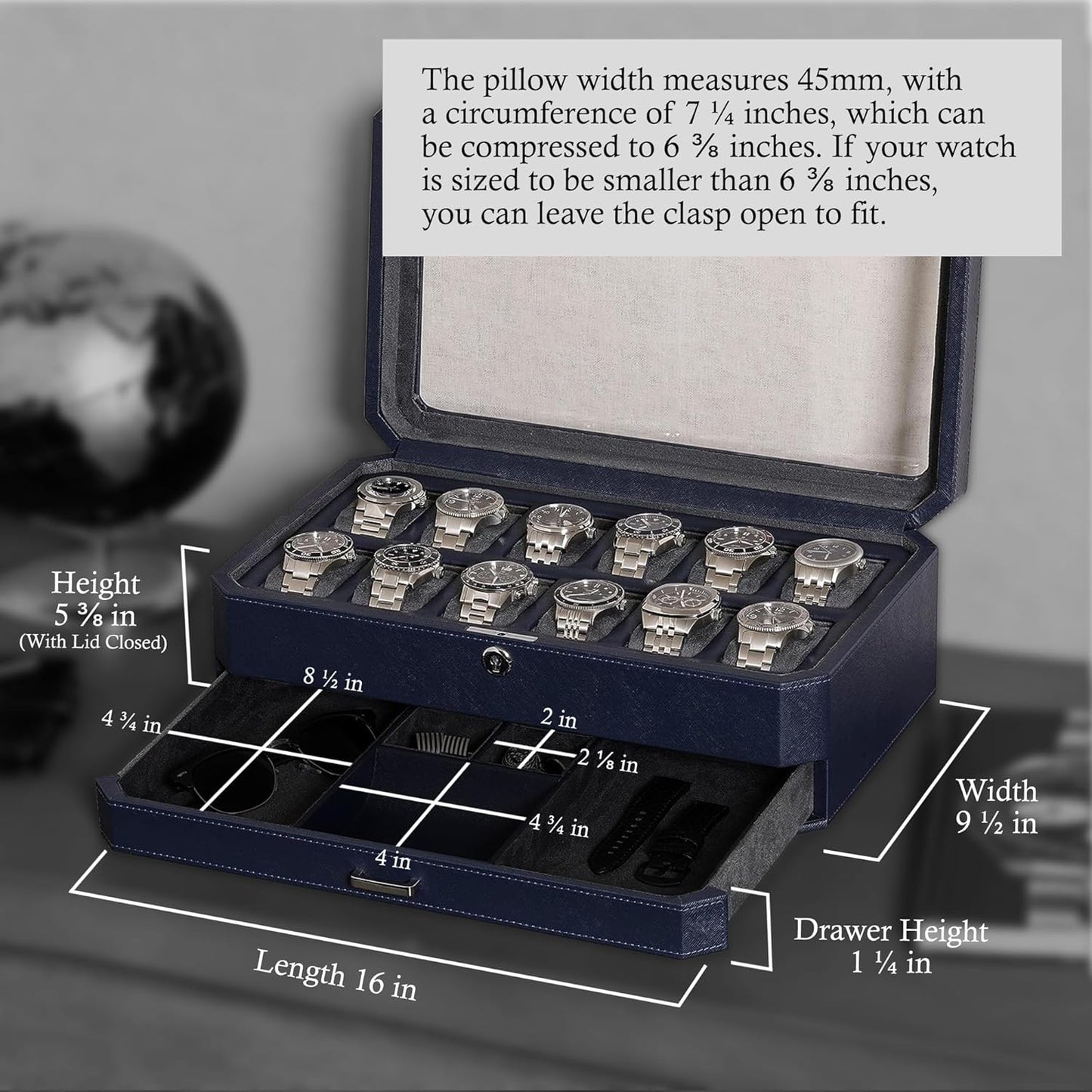 ROTHWELL Luxury Watch Box for 12 Watches – PU Leather Watch Box with Real Glass Lid – Slide out Accessory Drawer with Multiple Compartments (Carbon)
