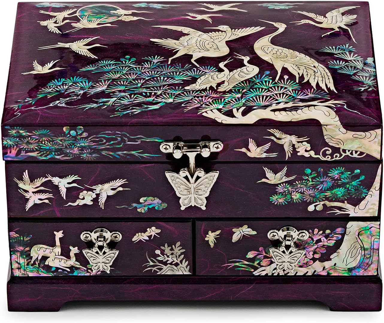 MADDesign Mother of Pearl Lacquered Jewelry Box Two Level Cranes (Red)