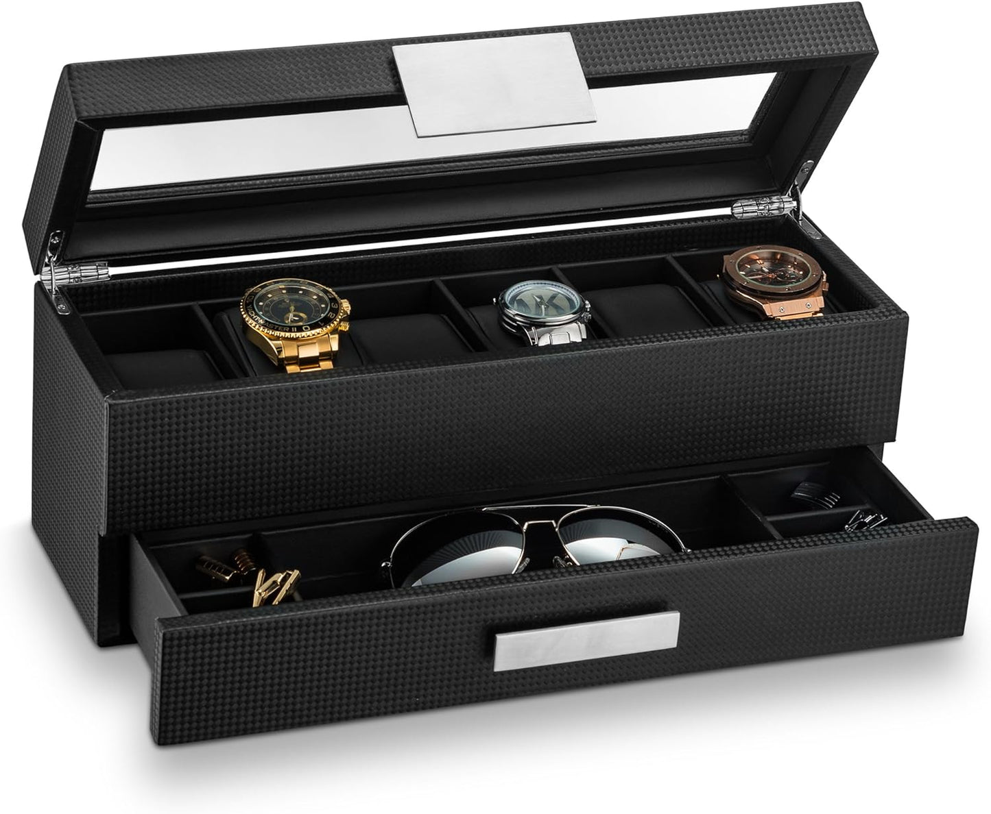 Glenor Co Watch Box with Valet Drawer for Men - 12 Slot Luxury Case Display Watch Organizer, Metal Buckle for Mens Jewelry Watches, Men's Storage Boxes Holder has Large Glass Top - PU Leather Brown