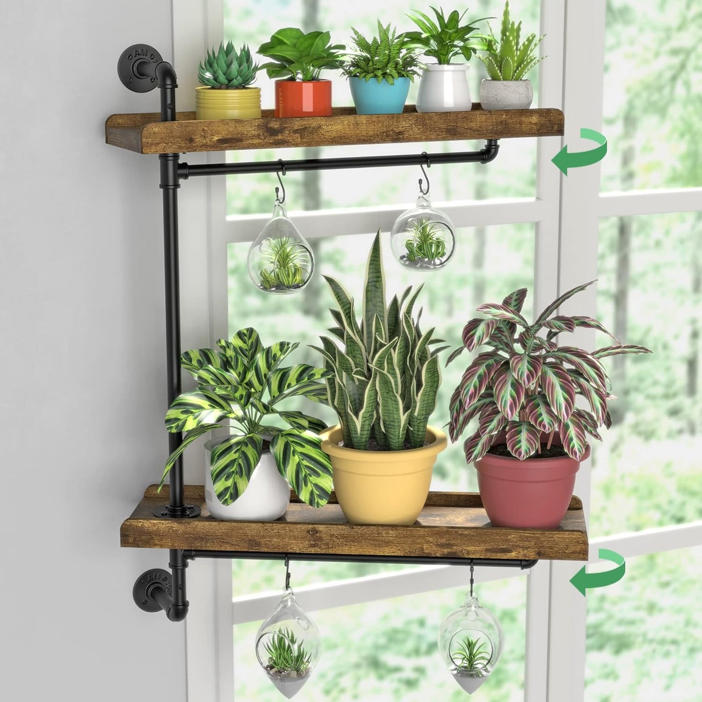 GDLF Window Plant Shelves Industrial Pipe Swivel Shelving Floating Shelves With More Space For Large Plants(Pots up to 8''), Black, Brown