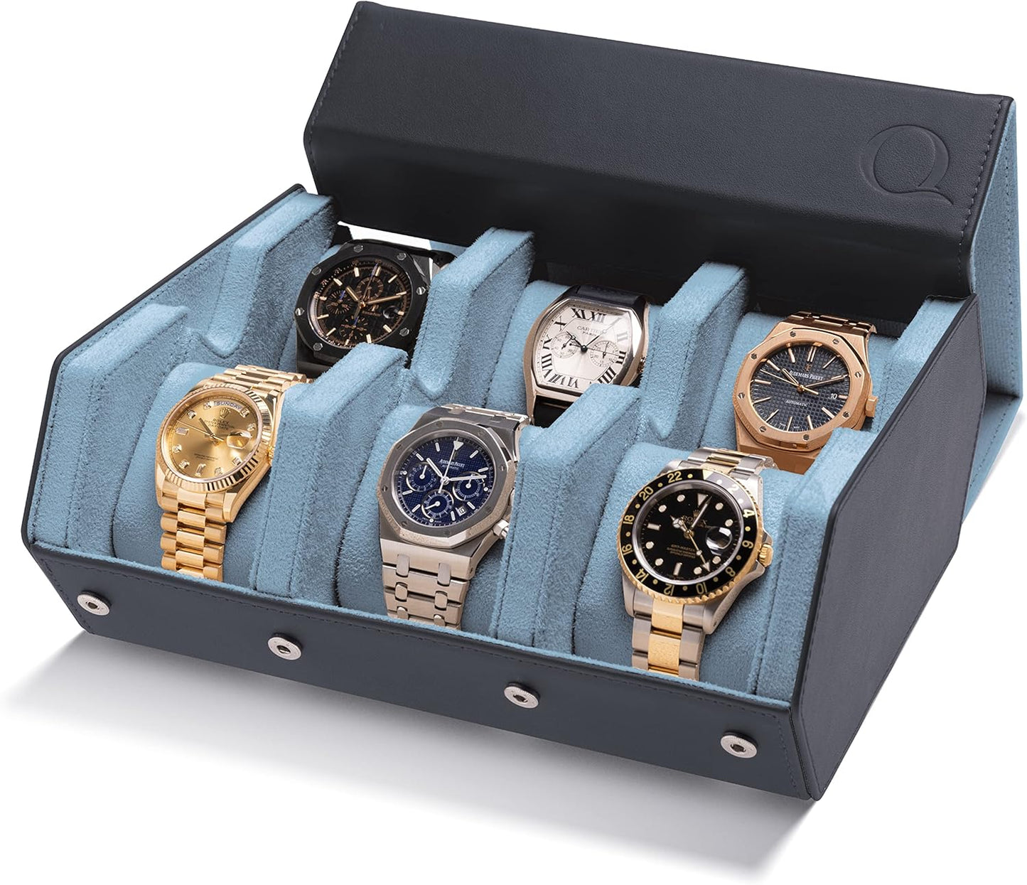 QWATCHBANDS Napa Leather Watch Case for Men - Watch Roll Storage Organizer & Watch Display - Six Slot Luxury Watch Box for Home or Travel - Mens 6 Watch Holder Case (Blue Orange)