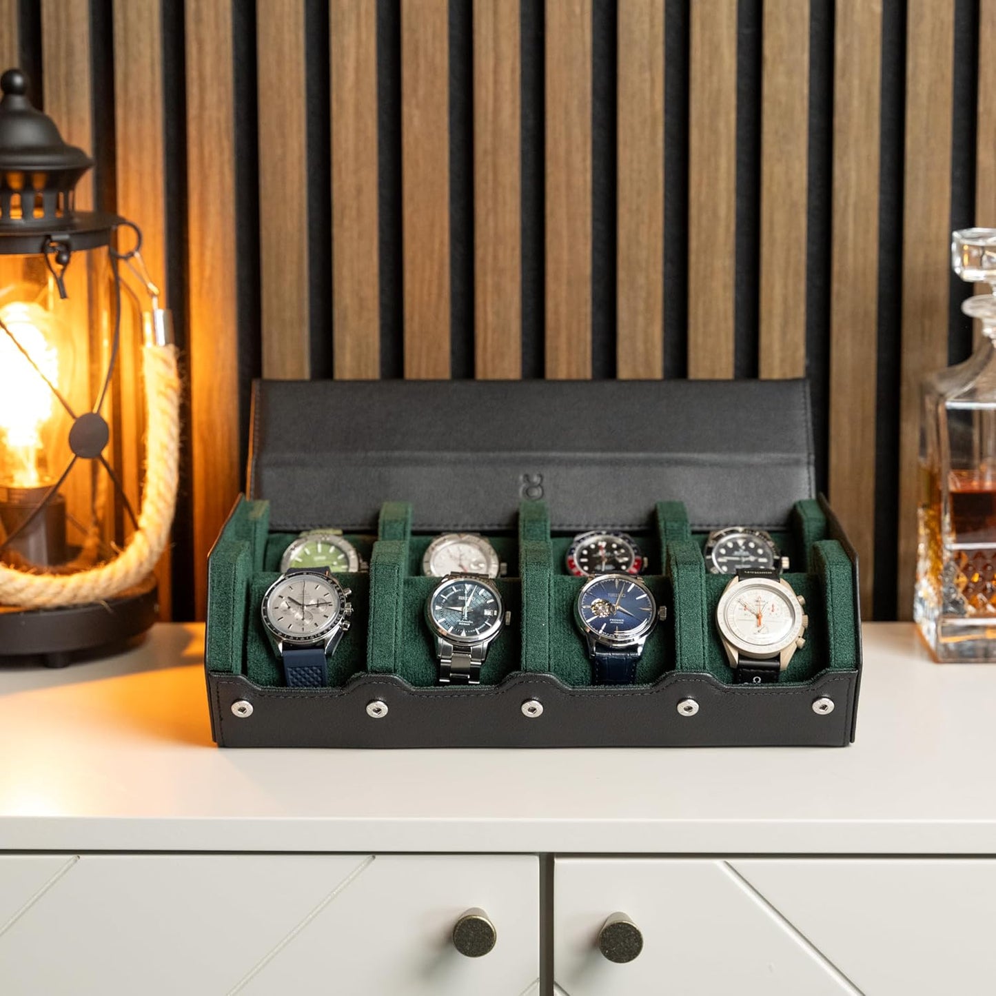 DailyWatch | Watch Box For 8 Watches | Genuine Black Leather Watch Roll Case With Soft Velvet Interior | Travel Watch Case - Protect & Display Your Watches | Watch Storage Travel Case in Black Green