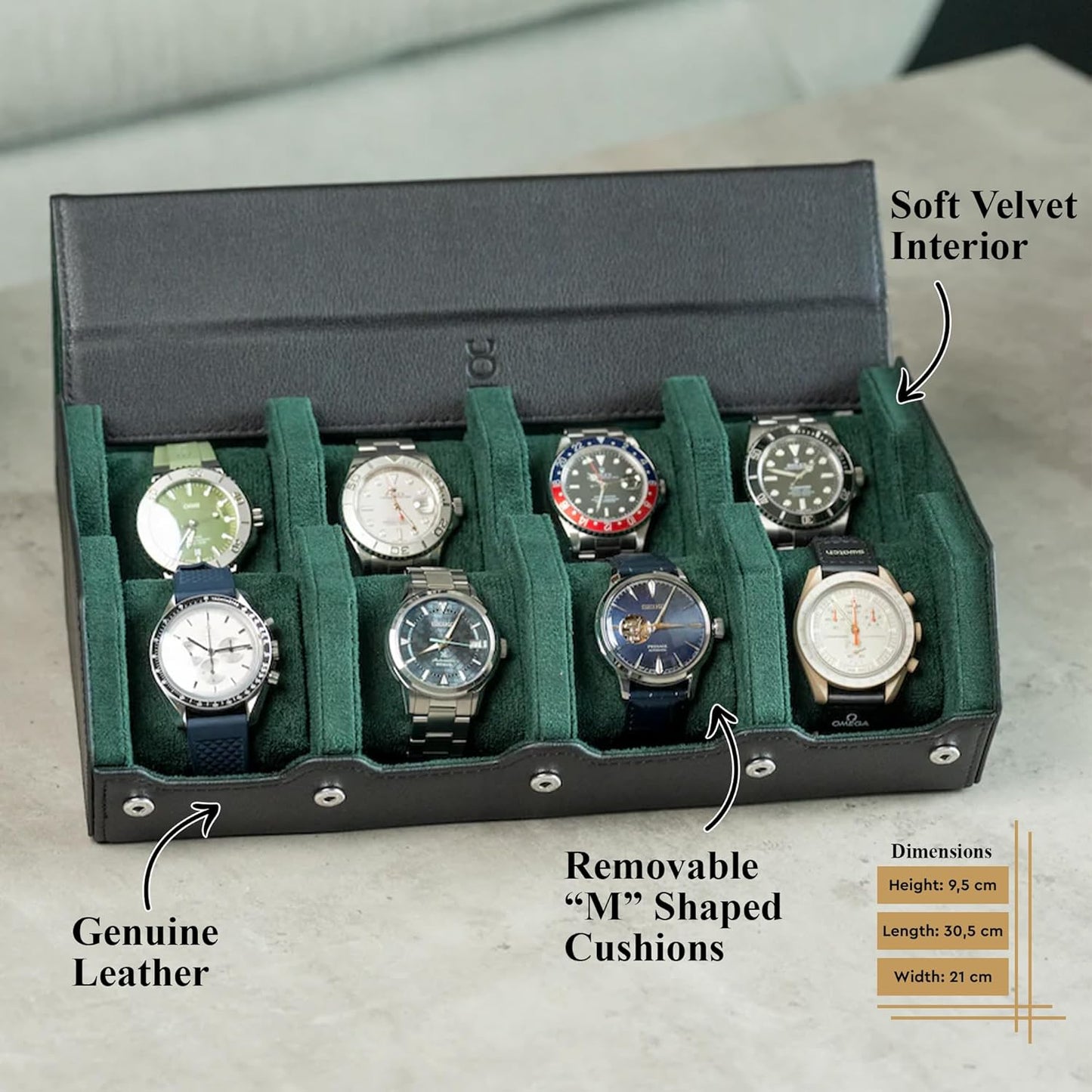 DailyWatch | Watch Box For 8 Watches | Genuine Black Leather Watch Roll Case With Soft Velvet Interior | Travel Watch Case - Protect & Display Your Watches | Watch Storage Travel Case in Black Green