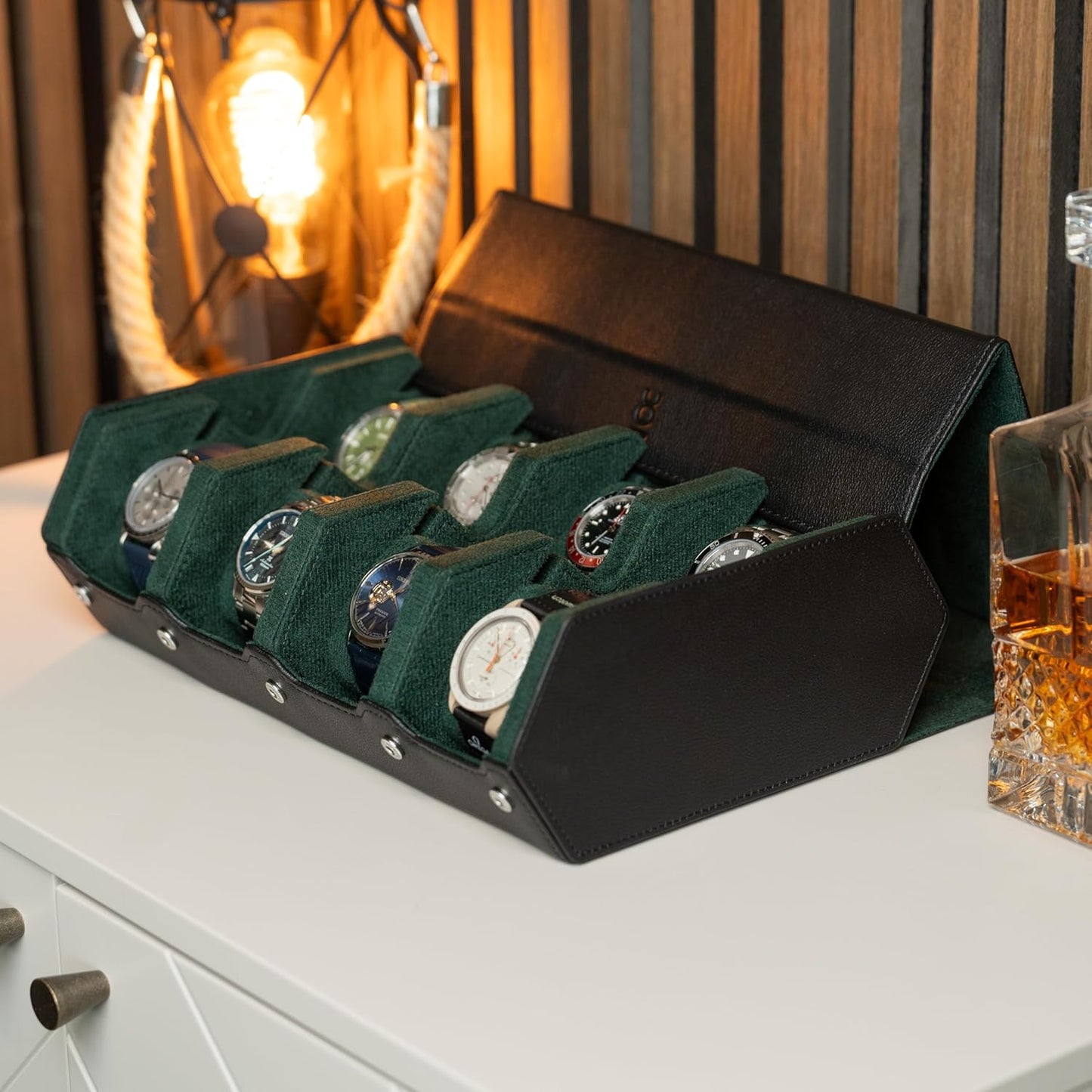 DailyWatch | Watch Box For 8 Watches | Genuine Black Leather Watch Roll Case With Soft Velvet Interior | Travel Watch Case - Protect & Display Your Watches | Watch Storage Travel Case in Black Green