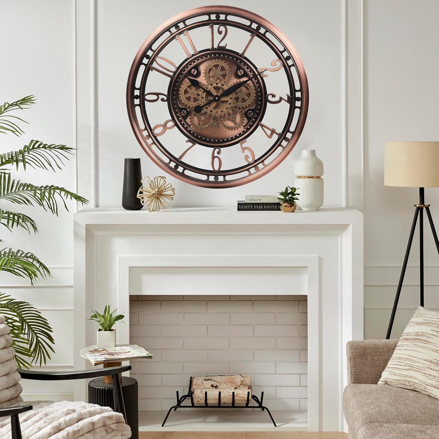 CLXEAST 28 Inch Oversized Large Moving Gear Wall Clock for Living Room Decor,Modern Farmhouse Decorative Wall Clocks Battery Operated,Rose Gold,House Warming Gifts New Home