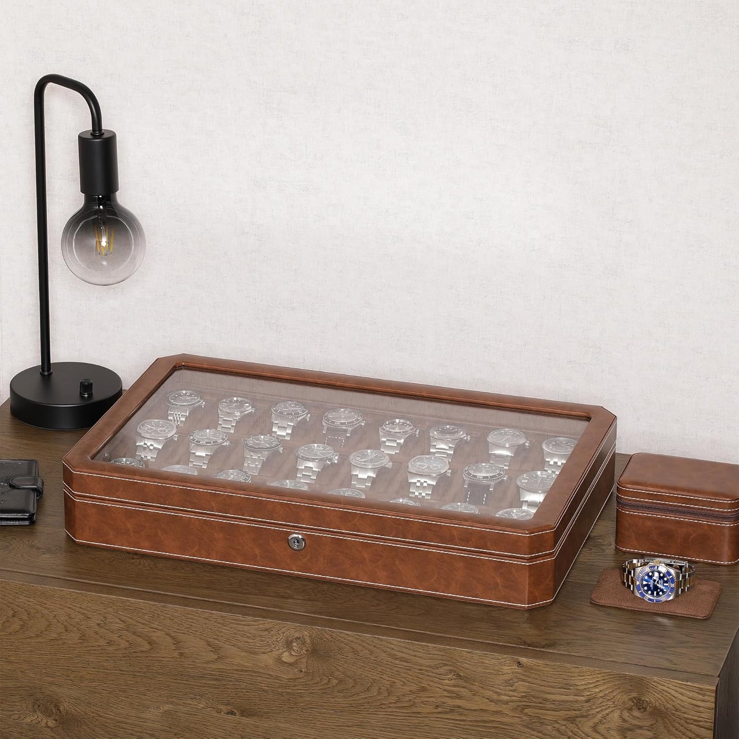 ROTHWELL 24 Slot Watch Case with Lock – Luxury Watch Box to Display and Organize Your Collection | Real Glass Top | Premium Storage for Collectors (Tan/Brown)