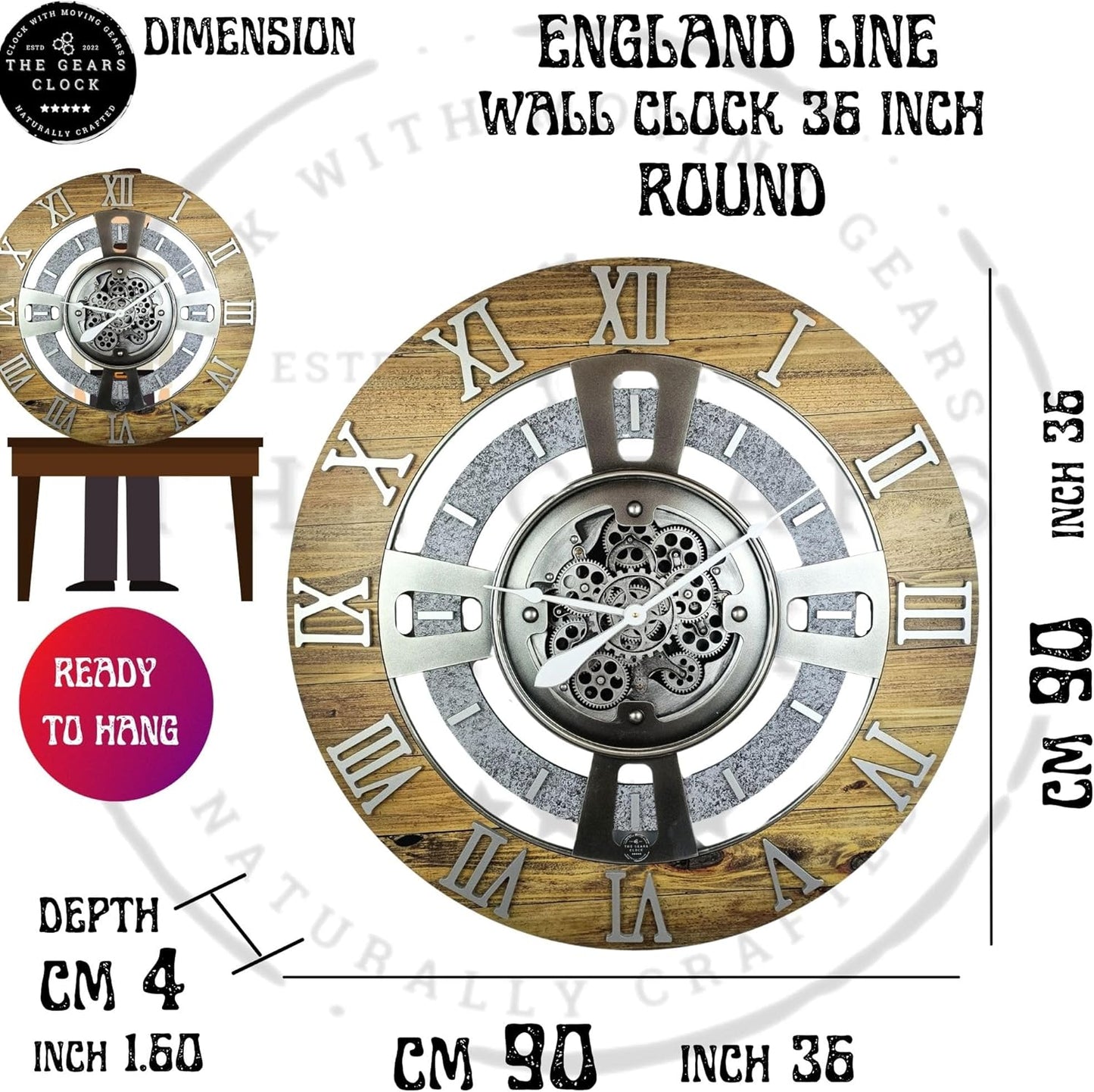 ImprovingLife The Gears Clock Real Moving Gear Wall Clock England Line (Carbon Grey, 36 inches (90 cm))
